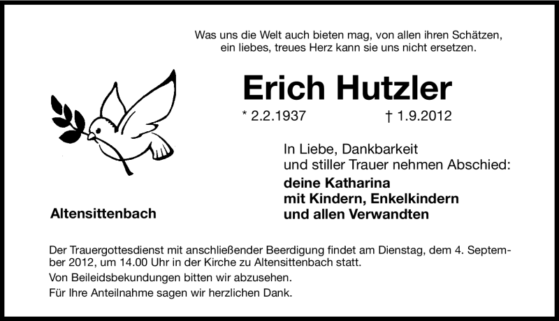  Traueranzeige für Erich Hutzler vom 03.09.2012 aus Hersbrucker Zeitung